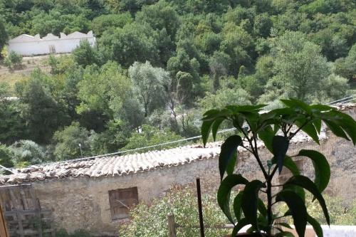 ein Steingebäude mit einem Dach mit Bäumen im Hintergrund in der Unterkunft Logement avec parking et terrasse devant la maison, très jolie vue in Pettorano sul Gizio