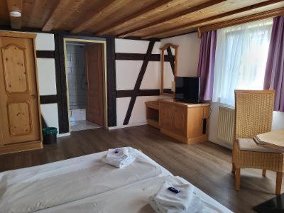 1 dormitorio con 1 cama y TV. en Historik Hotel Ochsen en Tamm