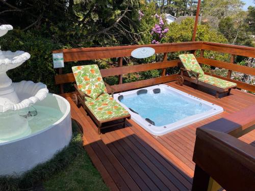 a deck with a plunge pool and two chairs and a hot tub at Pousada Chateau Colinas in Campos do Jordão