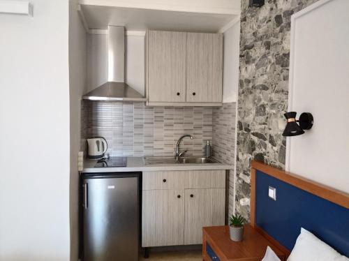 een kleine keuken met een wastafel en een koelkast bij Sofia Beach Apartments in Kavos