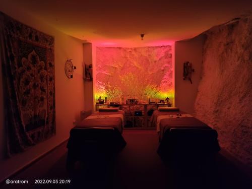 una camera con quattro letti in una stanza con luci rosa di Albergue La Paz de Las Alpujarras a Padules