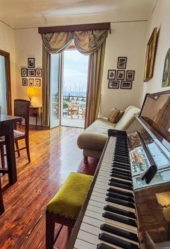 Apartment Emma في بريكو: غرفة معيشة مع بيانو وإطلالة على المحيط