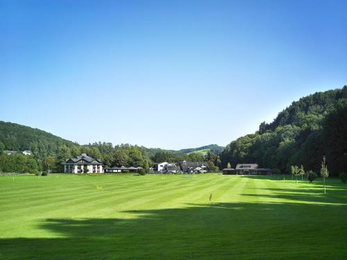 a large green field with houses and mountains in the background at Landhotel Naafs-Häuschen in Lohmar