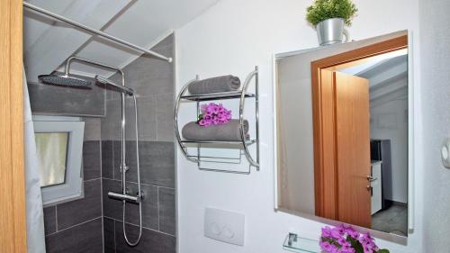 een badkamer met een douche en een spiegel bij Pakostane - COTTAGE - jardin privatif et piscine in Pakoštane