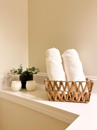 deux paniers de serviettes et une plante sur un comptoir dans l'établissement Lovely Townhouse!, à Auburn