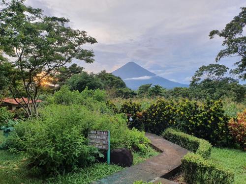 a garden with a mountain in the background at El Encanto Garden Hotel in Santa Cruz