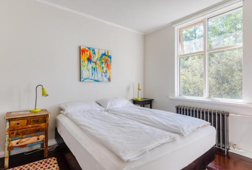 a white bedroom with a bed and two windows at Sem Apartments in Reykjavík