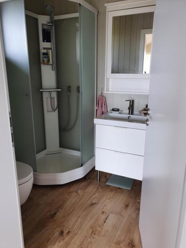 ein Bad mit einem Waschbecken und einer Dusche in der Unterkunft Adorable cosy and private new cabin in the south in Hvolsvöllur