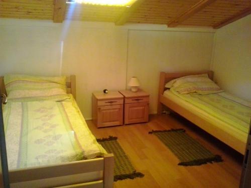 a bedroom with two beds and a wooden floor at Apartments with a parking space Stinjan, Pula - 11648 in Štinjan