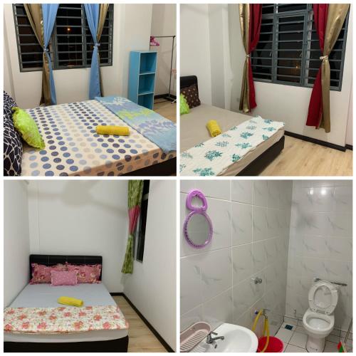 four pictures of a room with two beds and a bathroom at Apartment Uno teratak kasih in Sandakan