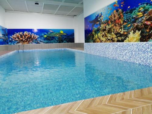 a large swimming pool in a room with an aquarium at استراحة نادي اورجان Orjan Guest House in Camp