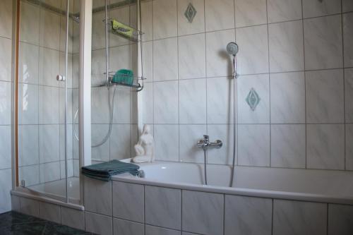 a bathroom with a bath tub with a shower at Ferienwohnung Knaub in Bad Wildungen