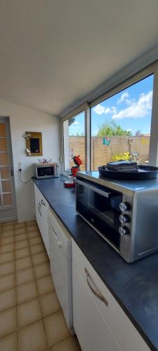 une cuisine avec un comptoir avec un micro-ondes dans l'établissement Chez Jean, à Gréez-sur-Roc