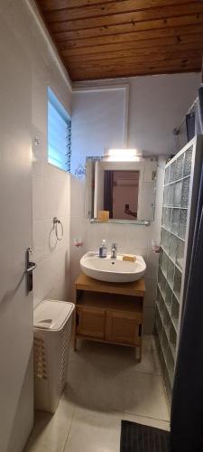 La salle de bains est pourvue d'un lavabo, de toilettes et d'un miroir. dans l'établissement villa marie eugenie, à Les Trois-Îlets