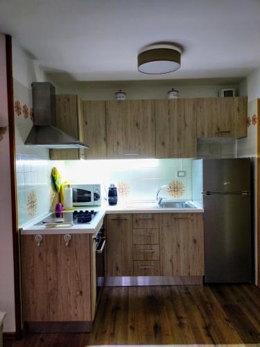a kitchen with wooden cabinets and a stainless steel refrigerator at residence bungalow-Marmore in Folgarida