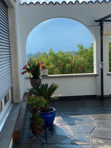 an arched window with potted plants on a patio at Villa Incanto in Ascona