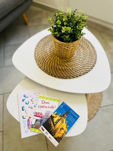 a table with a plant and books on it at BE MY APPARTS, Studio de charme "LE CARILLON", DOUAI, Coeur de ville in Douai