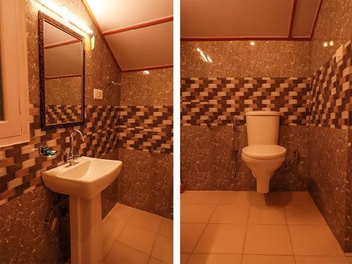 two pictures of a bathroom with a toilet and a sink at Divine Hills Mashobra in Shimla