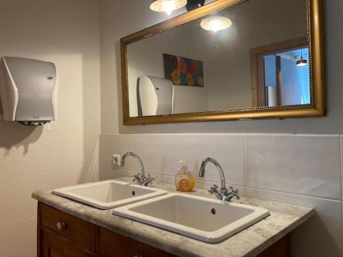 a bathroom with a white sink and a mirror at Perschlingtalhof in Auern