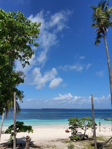 a beach with two palm trees and the ocean at Scuba Republic Beach Bungalows in Bira