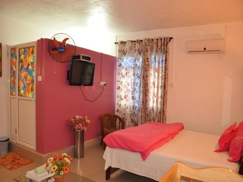 a bedroom with a bed and a tv in it at 3Ds International Tourist Home in Mahébourg