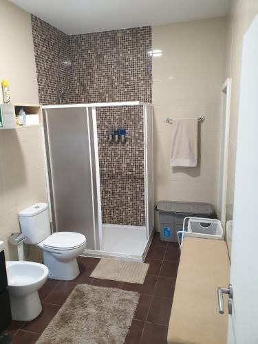 La salle de bains est pourvue d'une douche, de toilettes et d'un lavabo. dans l'établissement Guest house near the beach, à Vila do Conde