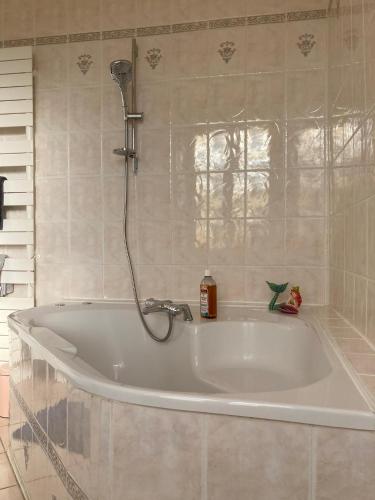 une baignoire dans une salle de bain avec douche dans l'établissement La Villa Romaine, à Montmirey-la-Ville