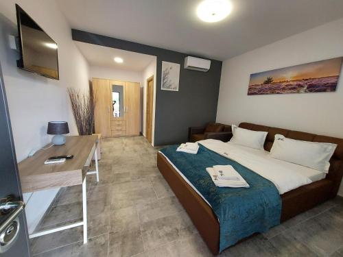 a hotel room with a bed and a desk at Cazare D&G in Şeíca Mare