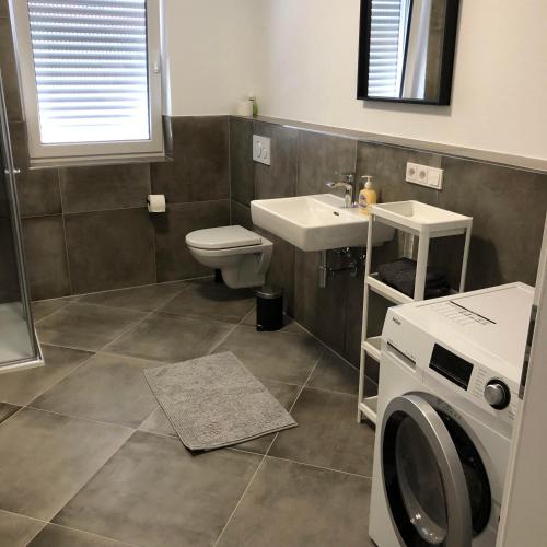 a bathroom with a toilet and a sink and a washing machine at ApartHotel Roxheim in Roxheim