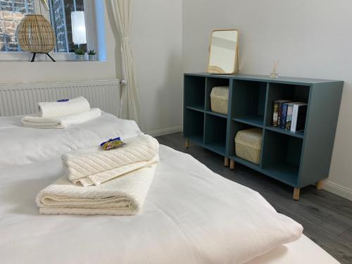 a bedroom with two beds and a book shelf at Direct Moselle view 200m² 4 SZ 10Pers Terrace in Sankt Aldegund