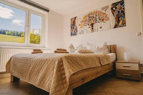 una camera con un grande letto e una finestra di Franzis Feriendomizil im Herzgebirge am Skihang a Auerbach