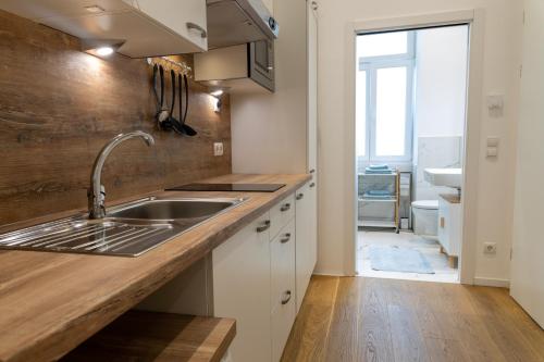 uma cozinha com um lavatório e uma bancada de madeira em Cozy studio, private garden, 8 min to city center em Viena