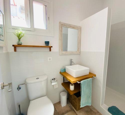 een badkamer met een wit toilet en een wastafel bij La Rústica en Viñuela, piscina privada in Viñuela
