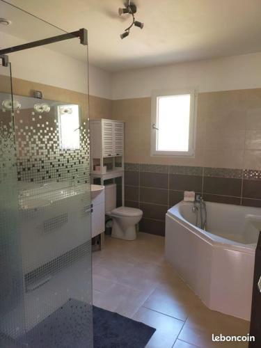 une salle de bain avec une baignoire, des toilettes et un lavabo dans l'établissement Maison du rieu 8 personnes, à Saint-Geniès