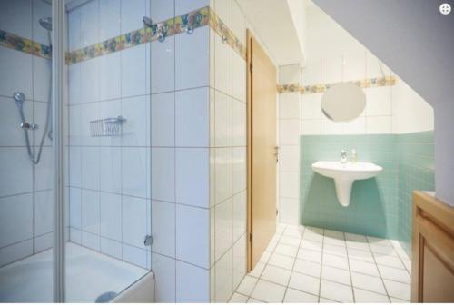 a bathroom with a shower and a sink at Ferienwohnung Tannen-Apotheke Zwei in Mengerskirchen