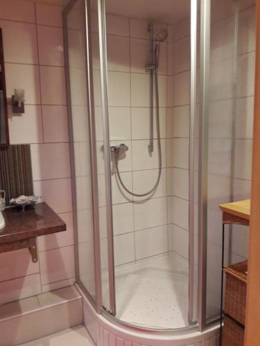 La salle de bains est pourvue d'une douche avec une porte en verre. dans l'établissement Traumhafte Maisonette-Wohnung im Schwarzwald, à Freudenstadt