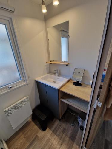 a bathroom with a sink and a mirror at spacieux mobil-home 3 ch in Saint-Jean-de-Monts