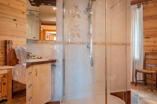 une douche avec une porte vitrée dans une salle de bain dans l'établissement Apartment Petit Togadere, aux Gets