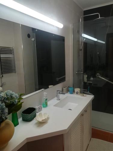 a bathroom with a sink and a large mirror at Apartment over the Ocean in Sesimbra