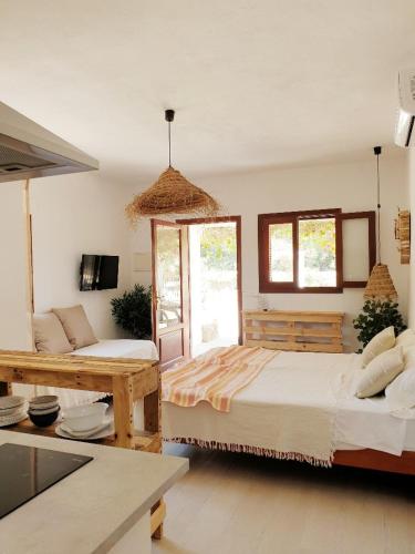 a large room with two beds and a kitchen at Appartamentos Michel Dos in Sant Ferran de Ses Roques