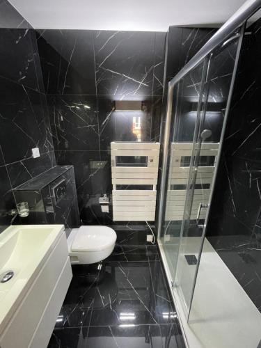 baño de azulejos negros con aseo y ducha en Les Ormes 17, en Houlgate