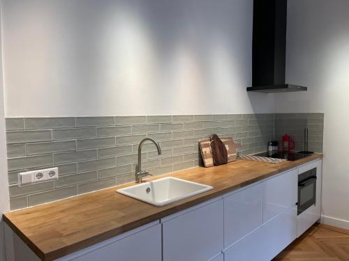 a kitchen with a sink and a counter top at Canal House in Historic City Center Gouda in Gouda