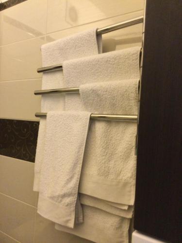 a bunch of towels are hanging on a towel rack in a bathroom at Apartment Na Lidzava Beach in Pizunda