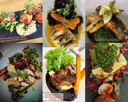 a collage of four pictures of different foods at The Manor House Inn in Shotley Bridge