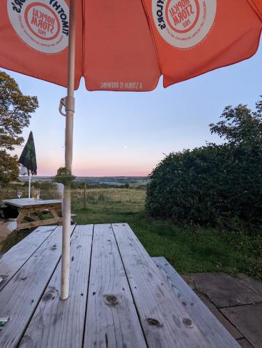 a wooden picnic table with an umbrella on a field at The Manor House Inn in Shotley Bridge