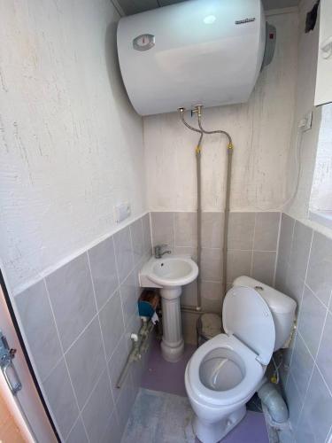 a small bathroom with a toilet and a sink at Naryn Guest House in Naryn