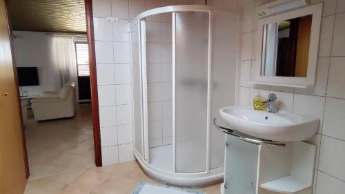 a bathroom with a shower and a sink at House Elan in Kornić