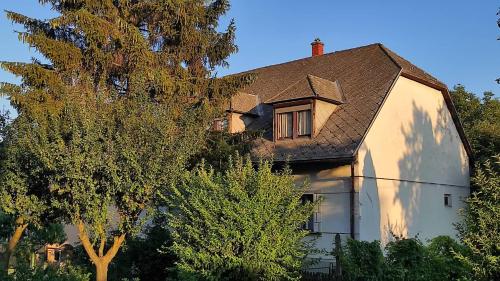 uma grande casa branca com uma árvore em frente em Várkapitány-lak em Csesznek