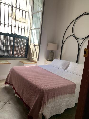 a bedroom with a bed and a large window at Hospederia Santa Clara in Utrera