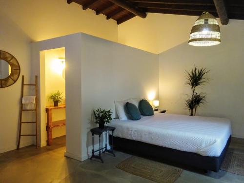 Quinta da Galeana Dreaming في لورينها: غرفة نوم بسرير في غرفة بها مصباح